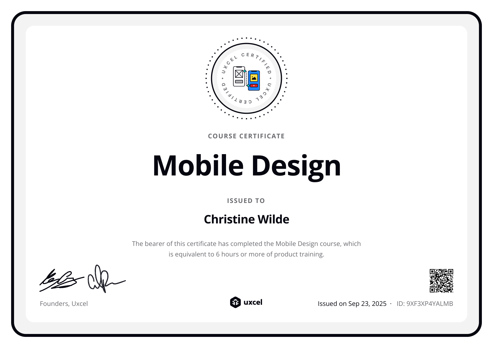 Christine Wilde's certificate